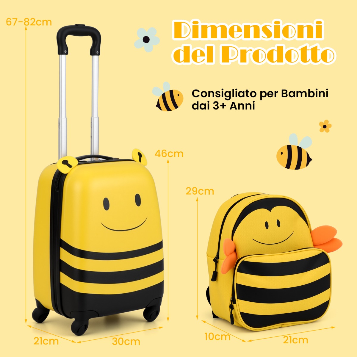 Valigia e zaino a forma di ape con corda anti-perdita asta retrattile da compagnia aerea, Set di 2 valigie per bambini con ruote -Bagagli e borse