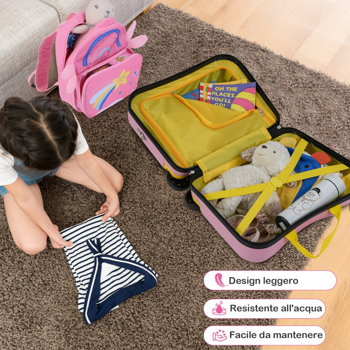 Set di valigie per bambini da 2 pezzi, Valigia con zaino duro e impermeabile con ruote 47x26,5x36,5cm Rosa scuro-Bagagli e borse