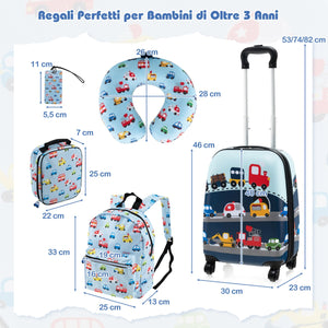 Valigie per bambini 5 pezzi con ruote, Valigia con cuscino per il collo etichetta per bagaglio per ragazzi e ragazze Blu-Bagagli e borse