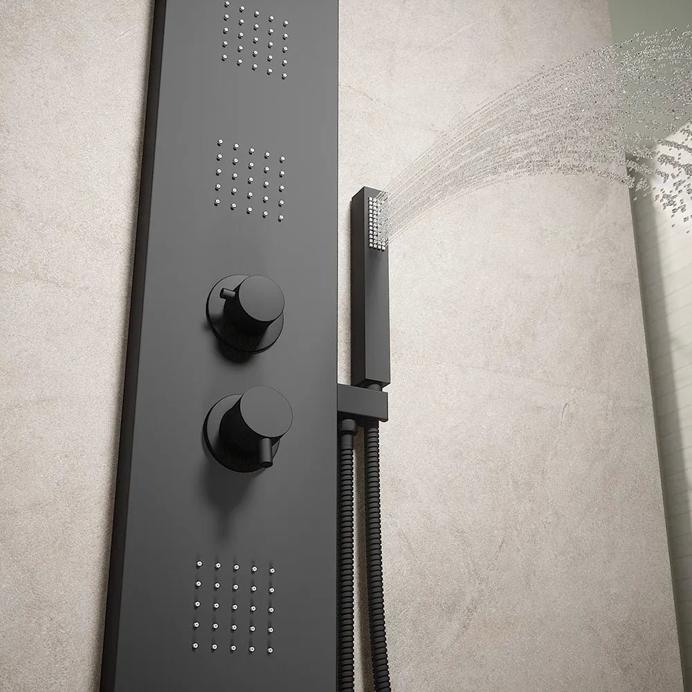 Pannello doccia squadrato in alluminio nero opaco, con doccino, 4 getti e 3 funzioni |  Vals