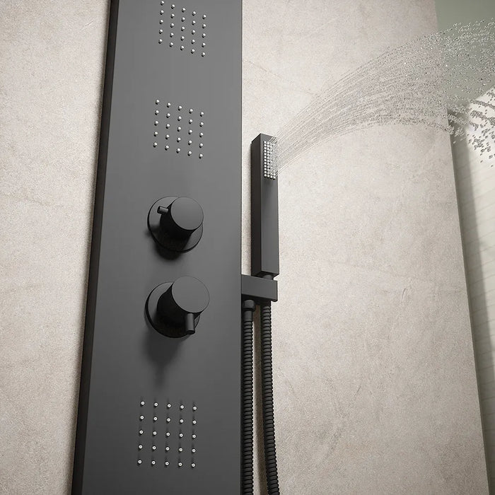 Pannello doccia squadrato in alluminio nero opaco, con doccino, 4 getti e 3 funzioni |  Vals