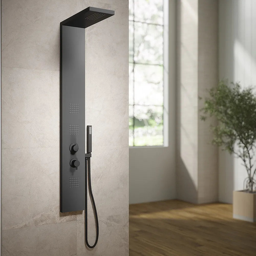 Pannello doccia squadrato in alluminio nero opaco, con doccino, 4 getti e 3 funzioni |  Vals