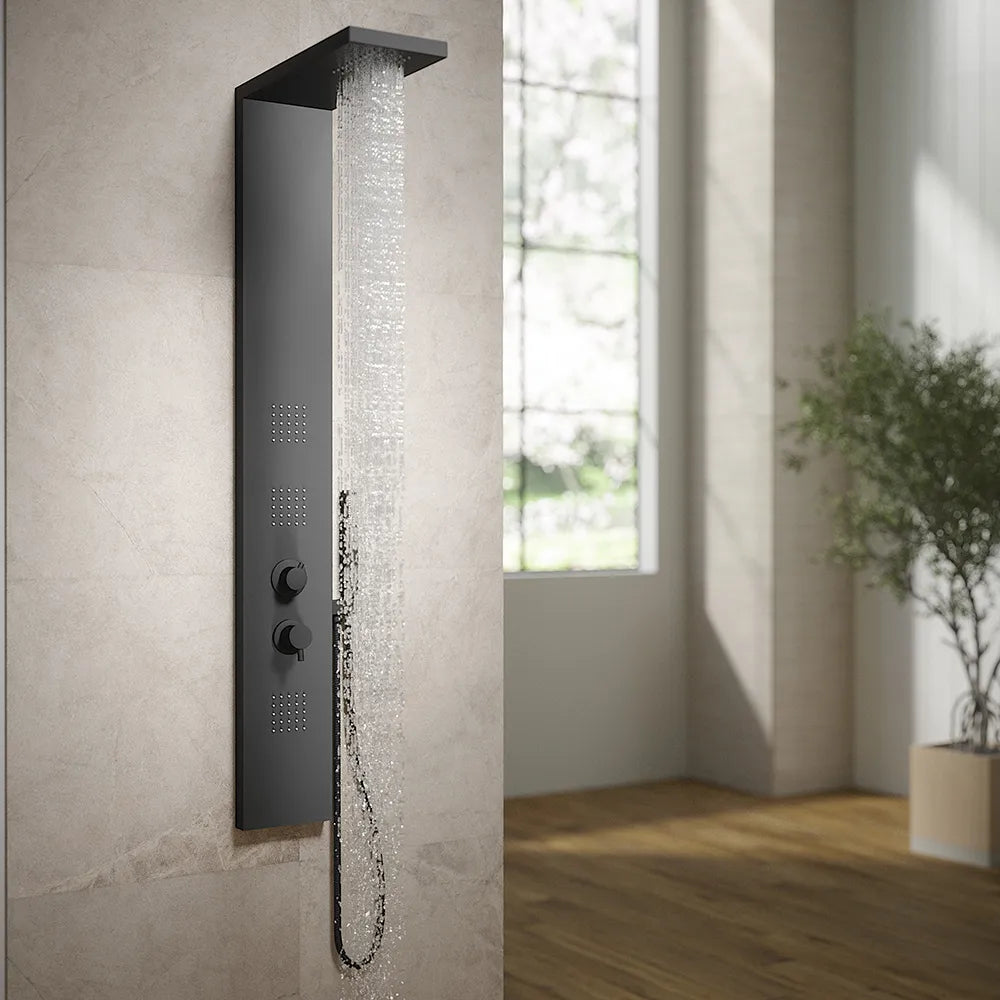 Pannello doccia squadrato in alluminio nero opaco, con doccino, 4 getti e 3 funzioni |  Vals