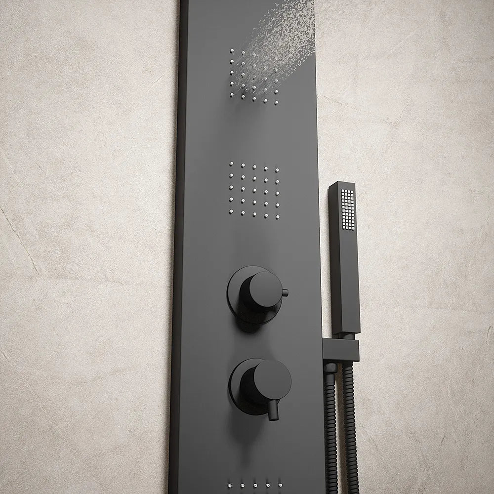 Pannello doccia squadrato in alluminio nero opaco, con doccino, 4 getti e 3 funzioni |  Vals