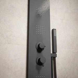 Pannello doccia squadrato in alluminio nero opaco, con doccino, 4 getti e 3 funzioni |  Vals