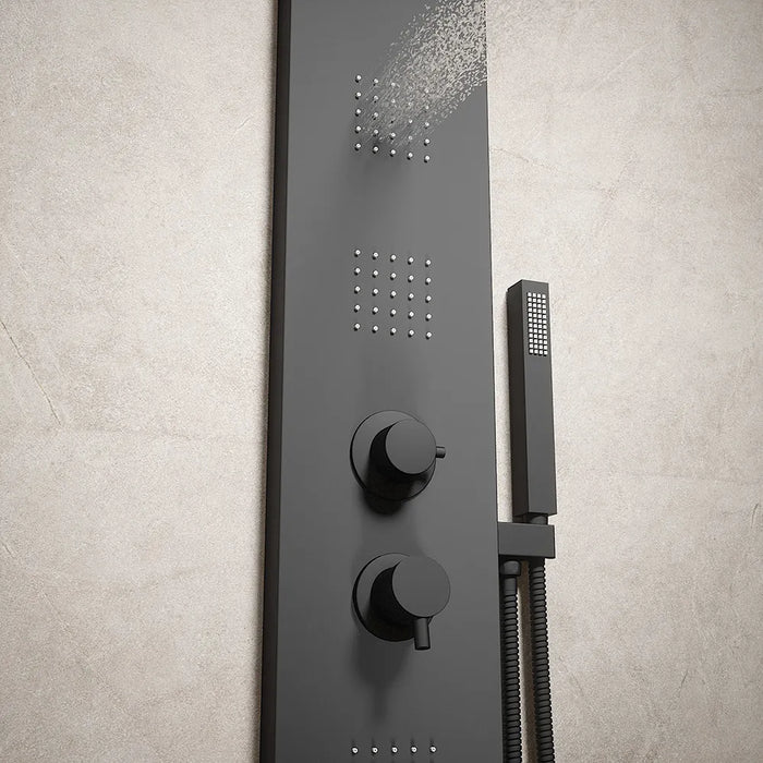 Pannello doccia squadrato in alluminio nero opaco, con doccino, 4 getti e 3 funzioni |  Vals