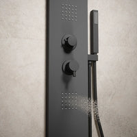 Pannello doccia squadrato in alluminio nero opaco, con doccino, 4 getti e 3 funzioni |  Vals