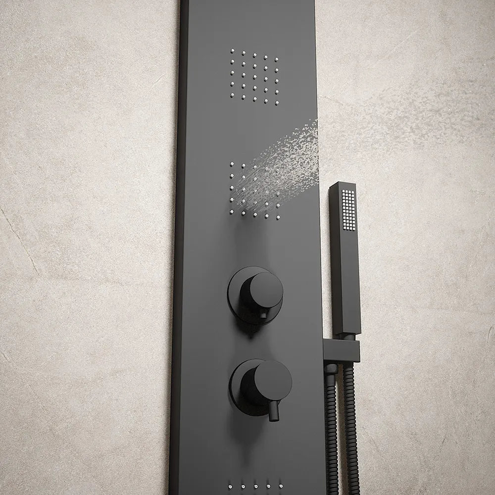 Pannello doccia squadrato in alluminio nero opaco, con doccino, 4 getti e 3 funzioni |  Vals