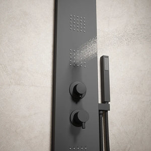 Pannello doccia squadrato in alluminio nero opaco, con doccino, 4 getti e 3 funzioni |  Vals