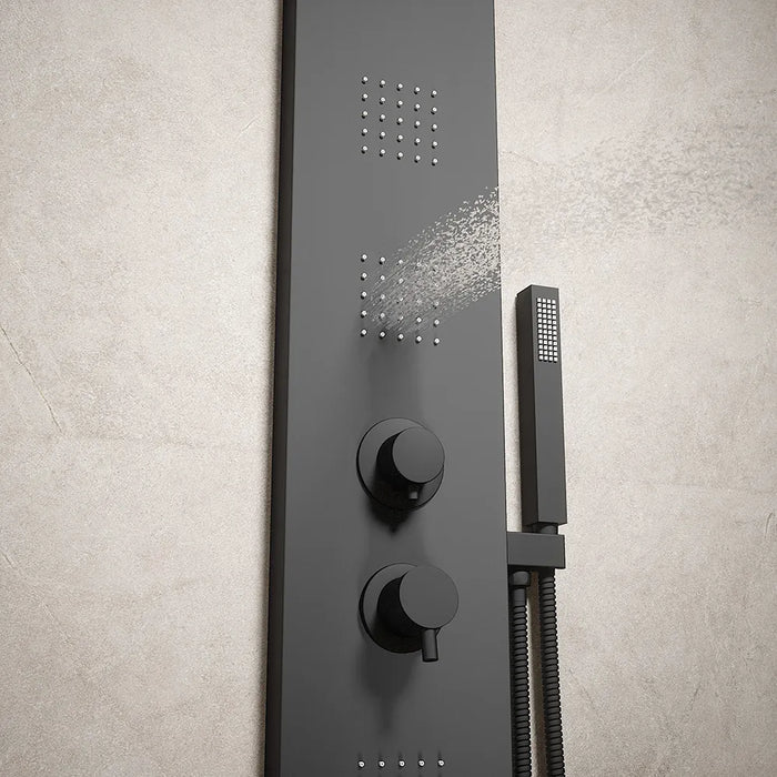 Pannello doccia squadrato in alluminio nero opaco, con doccino, 4 getti e 3 funzioni |  Vals
