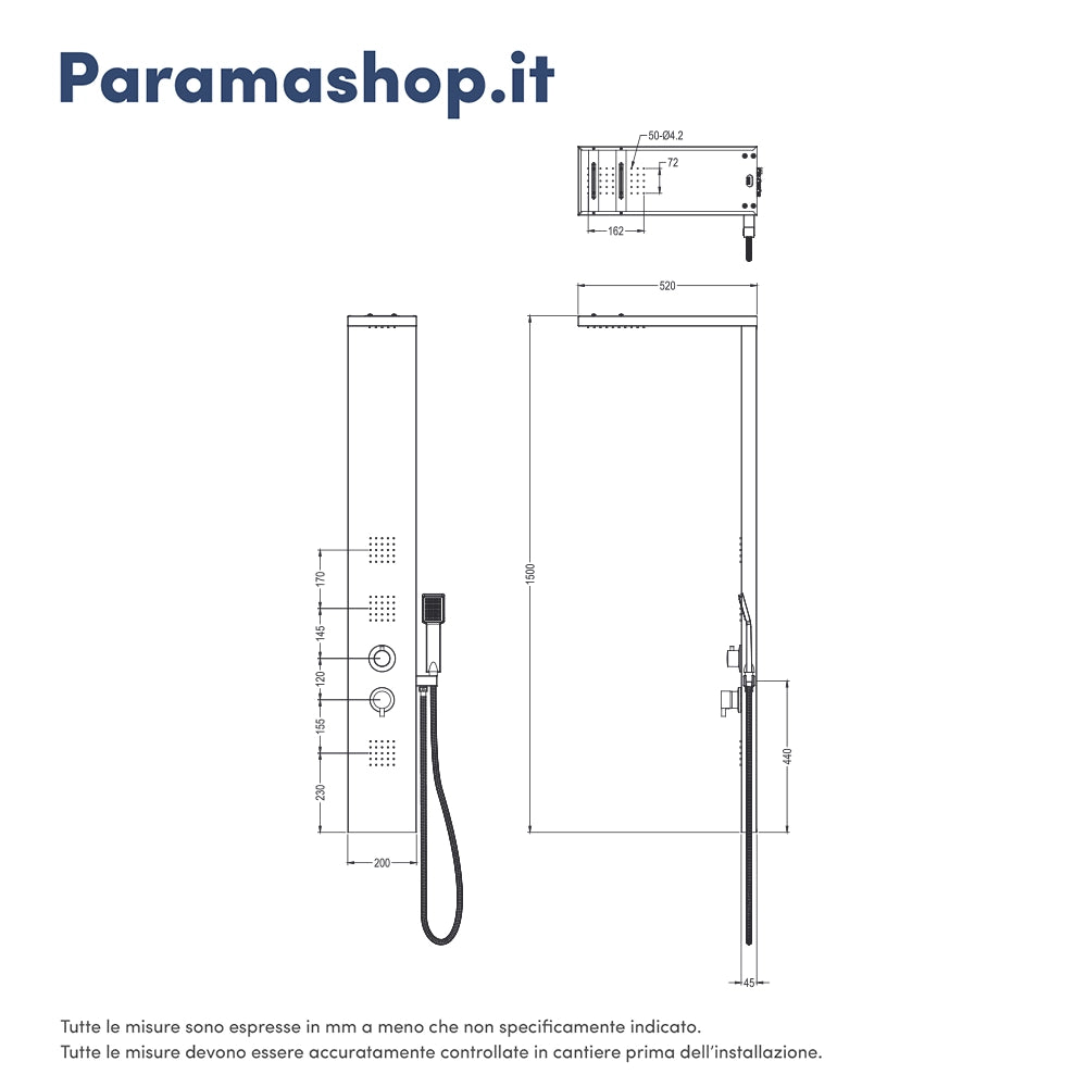 Pannello doccia squadrato in alluminio nero opaco, con doccino, 4 getti e 3 funzioni |  Vals