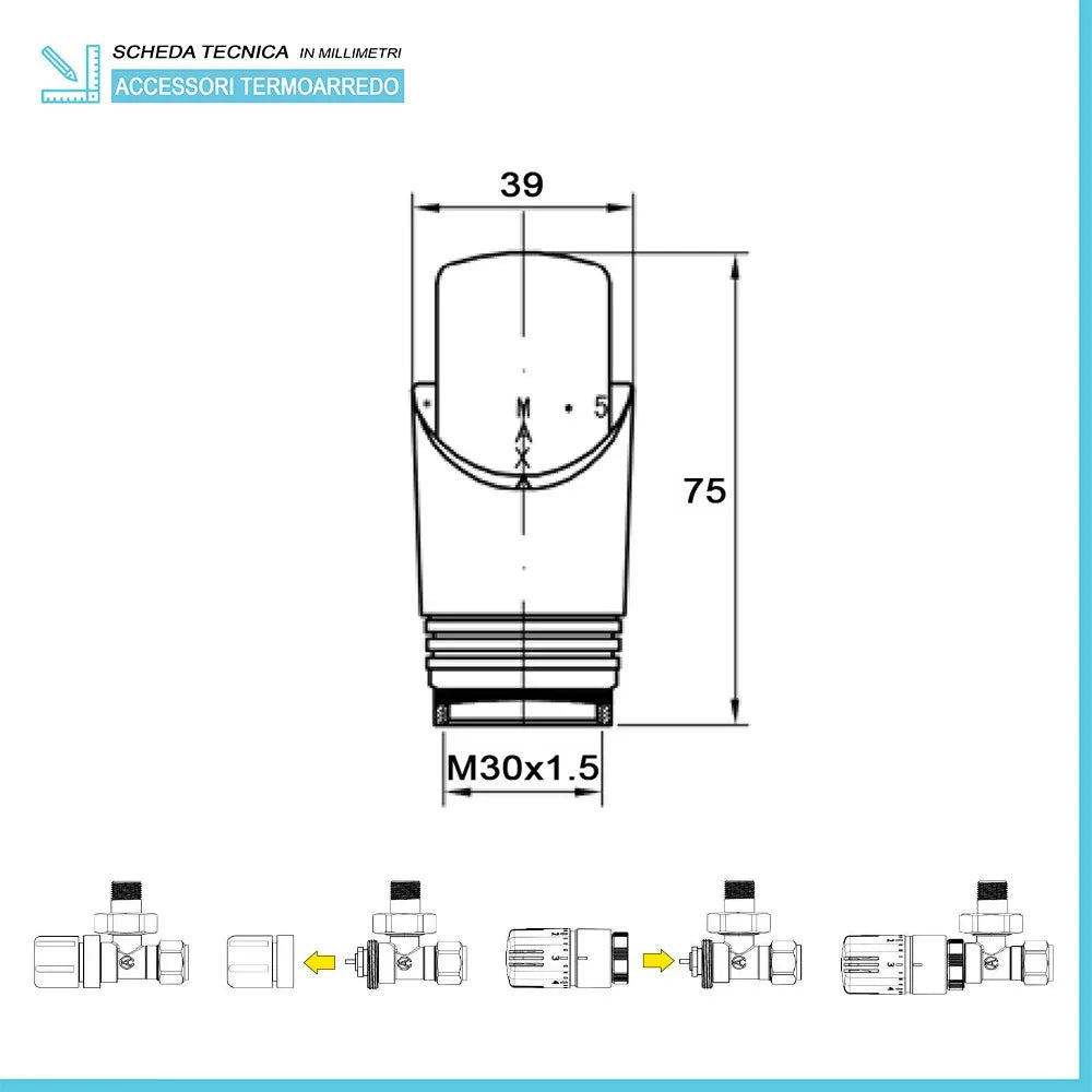 Valvola e detentore in acciaio cromo con termostato liquido e raccordo rame 14