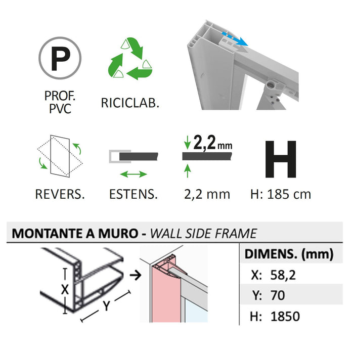 Parete doccia Walk-in Lato 100 CM H 190 in Acrilico mod. Beatrix Profilo