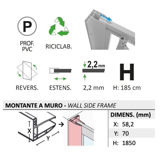 Parete doccia Walk-in Lato 90 CM H 190 in Acrilico mod. Beatrix Profilo