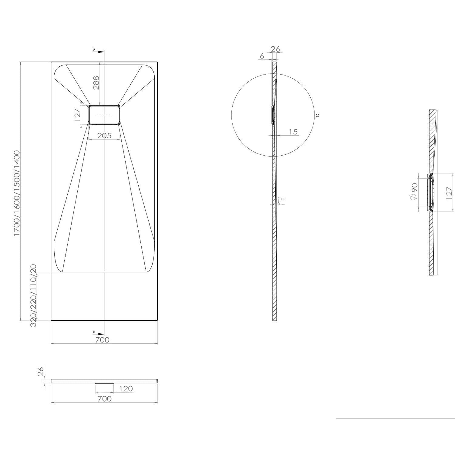 Piatto Doccia 70x140x2 6 cm Bianco Effetto Pietra mod. Strong