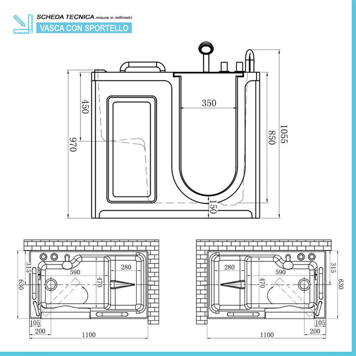 Vasca con sportello 110x63x97 apertura interna a destra