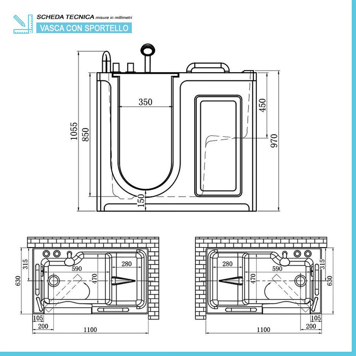 Vasca con sportello 110x63x97 apertura interna a sinistra