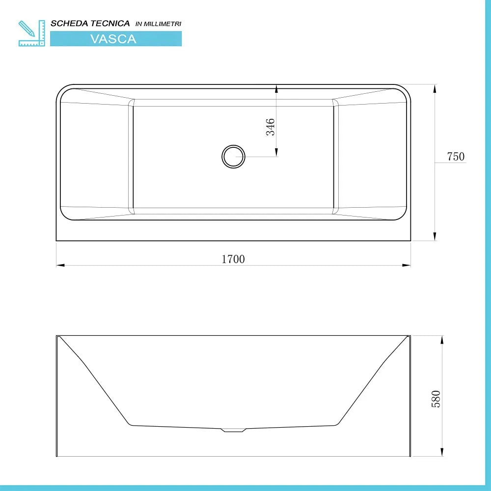 Vasca da bagno a parete 75x170 cm scarico incluso Kyla