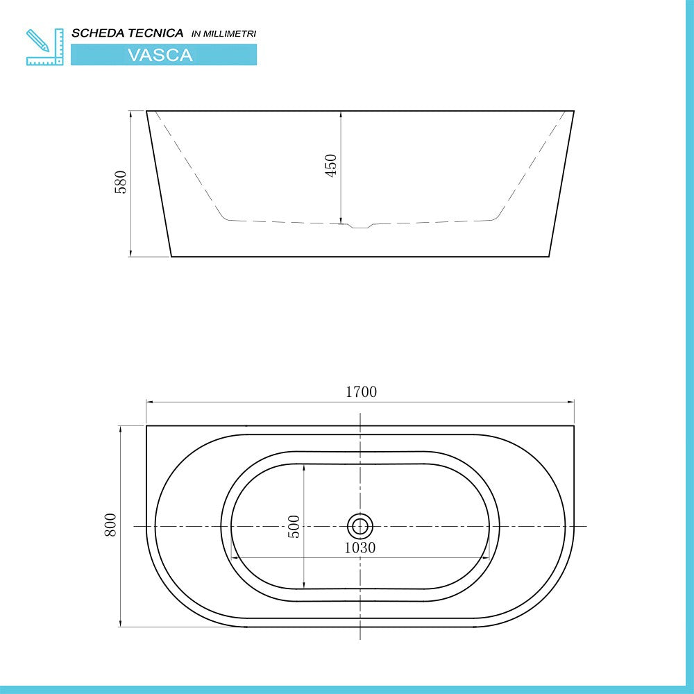 Vasca da bagno a parete 80x170 cm scarico incluso  Arya
