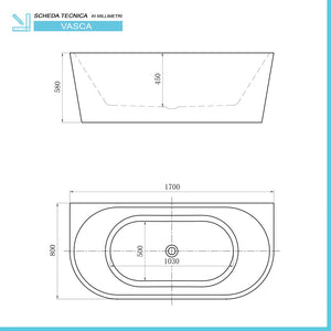 Vasca da bagno a parete 80x170 cm scarico incluso  Arya