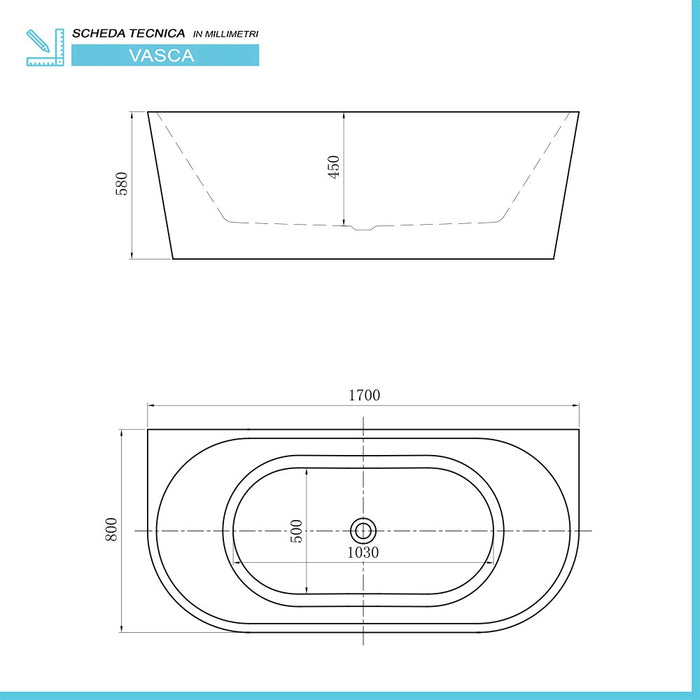Vasca da bagno a parete 80x170 cm scarico incluso  Arya