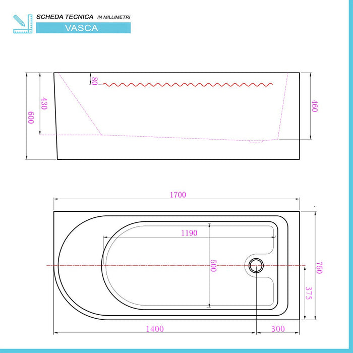Vasca da bagno angolare lato sinistro 75x170 cm scarico incluso Corinne