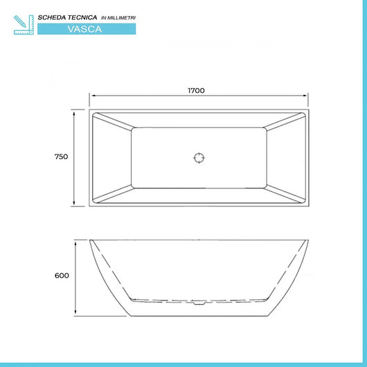 Vasca da bagno freestanding 170x75 moderna modello Lisa