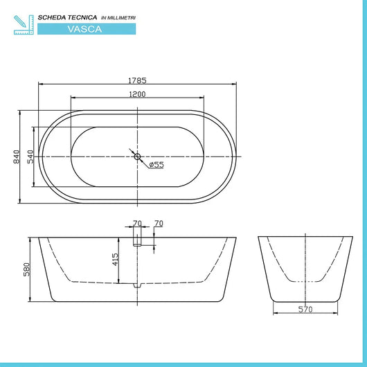 Vasca da bagno freestanding moderna 178,5x84 con Piedini interni regolabili Alexandra II
