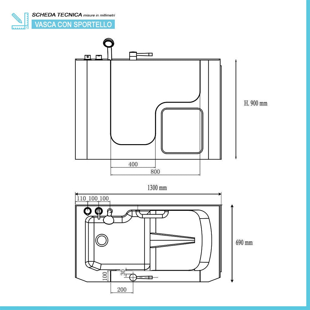 Vasca da bagno per anziani 130x90 porta con apertura esterna a sinistra