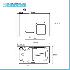 Vasca da bagno per anziani 130x90 porta con apertura esterna a sinistra