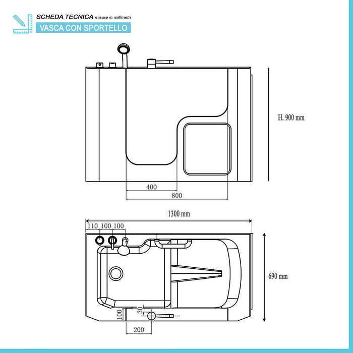 Vasca da bagno per anziani 130x90 porta con apertura esterna a sinistra