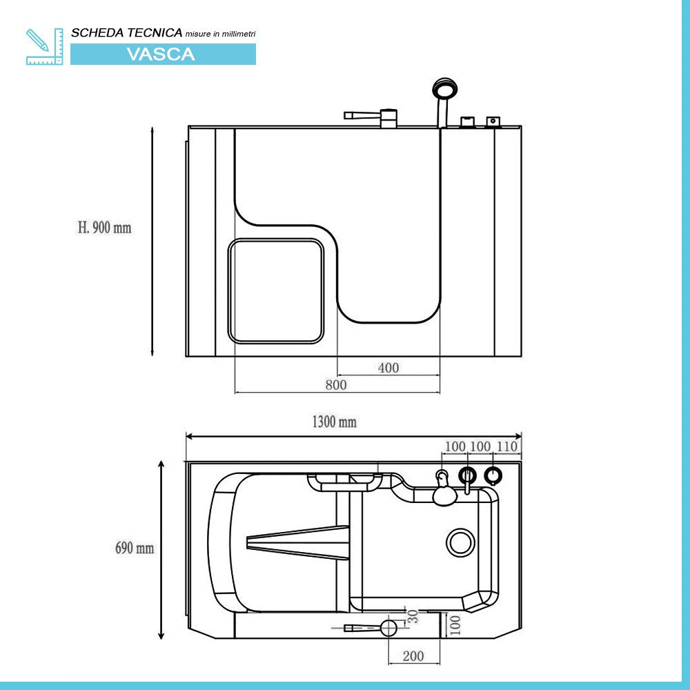 Vasca da bagno per anziani 130x90 sportello con apertura esterna a destra