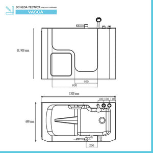 Vasca da bagno per anziani 130x90 sportello con apertura esterna a destra