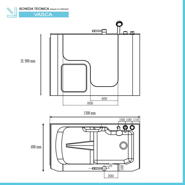 Vasca da bagno per anziani 130x90 sportello con apertura esterna a destra