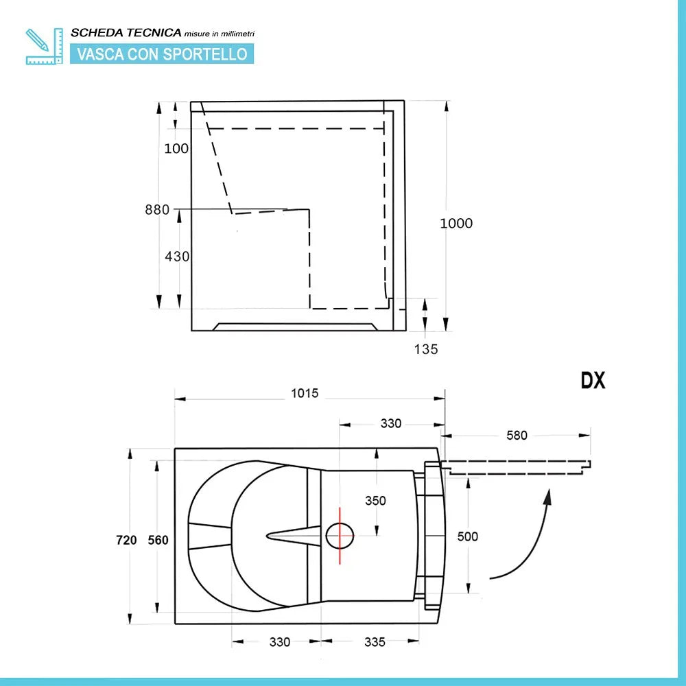 Vasca da bagno per disabili 101x72x100 porta con apertura a destra