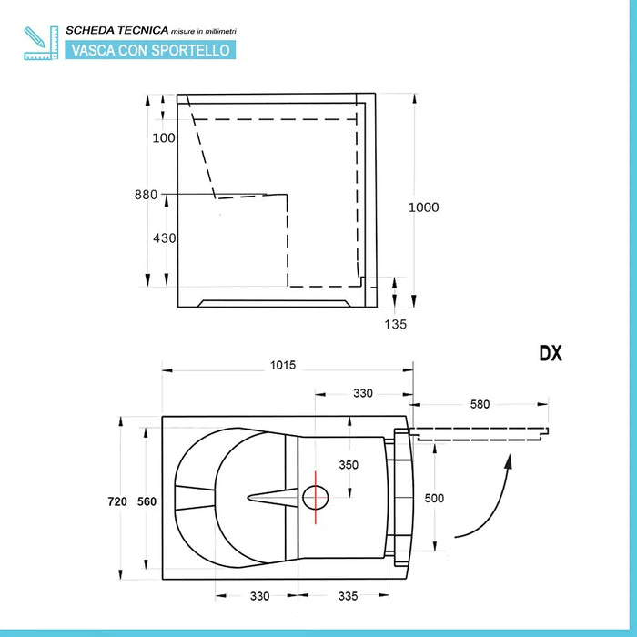 Vasca da bagno per disabili 101x72x100 porta con apertura a destra