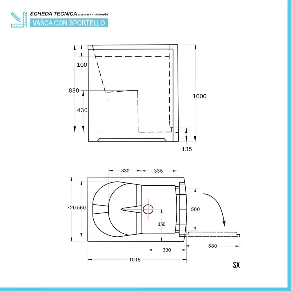 Vasca da bagno per disabili 101x72x100 porta con apertura a sinistra