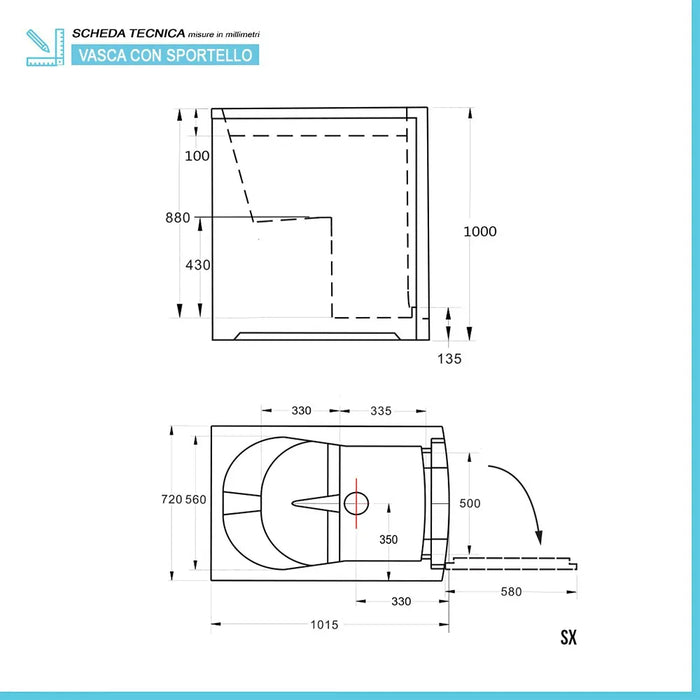 Vasca da bagno per disabili 101x72x100 porta con apertura a sinistra