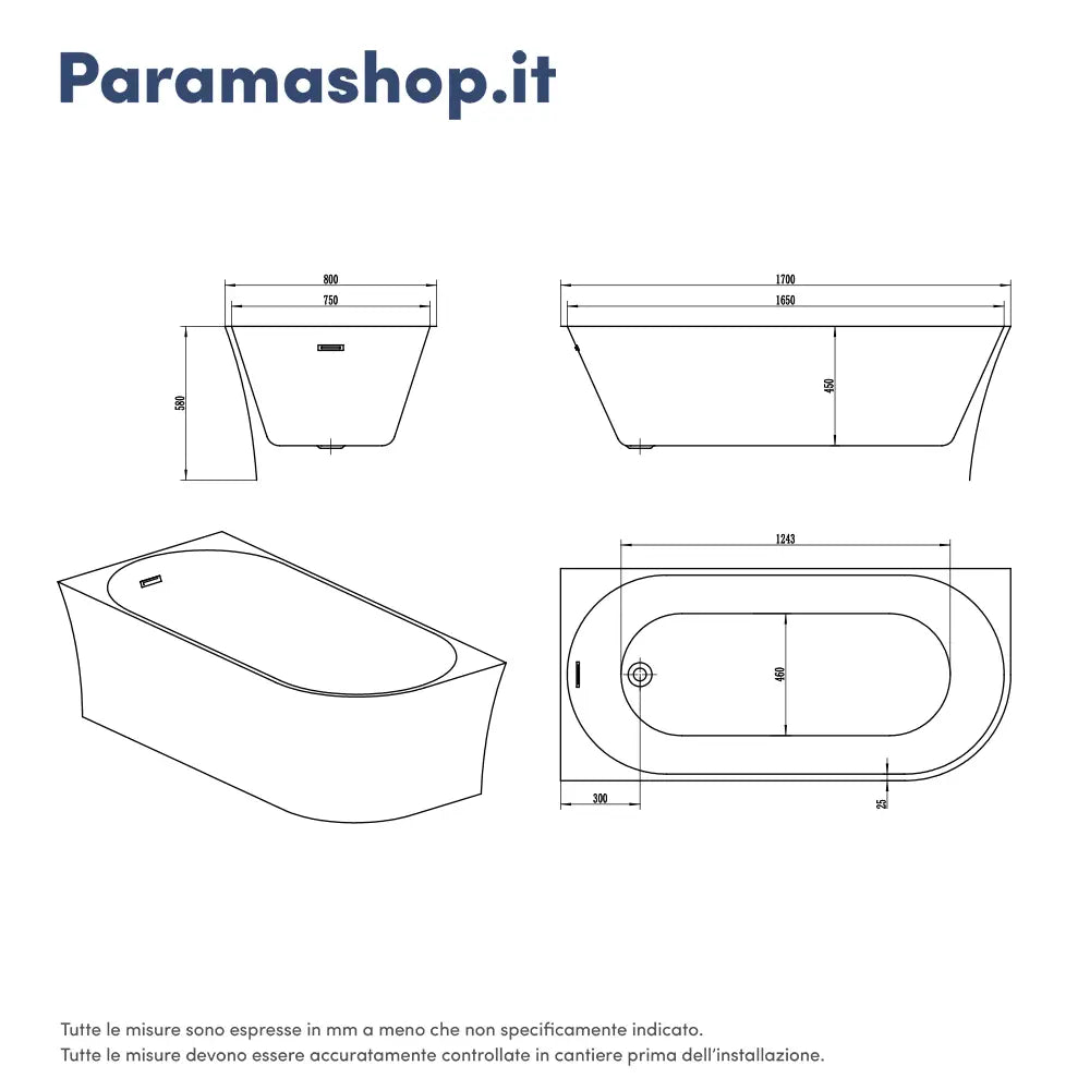 Vasca da bagno a muro 170cm bianco lucido LATO SINISTRO Mod. Olimpia