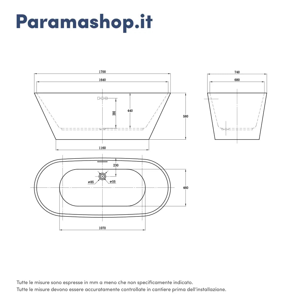 Vasca da bagno freestanding 170cm bianco lucido Mod. Ginevra
