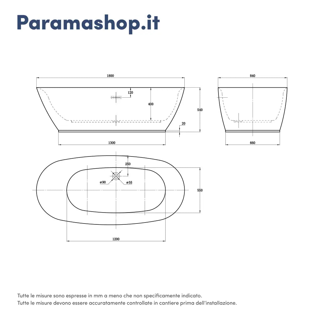 Vasca da bagno freestanding 180 cm acrilico bianco lucido centro stanza | Margherita  