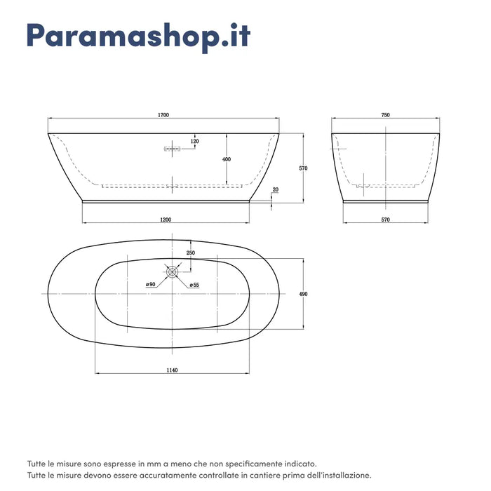 Vasca da bagno freestanding 170cm bianco lucido Mod. Margherita  