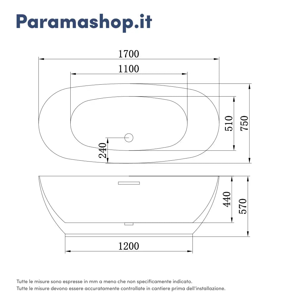 Vasca da bagno freestanding 170cm in acrilico bianco lucido | Thyra