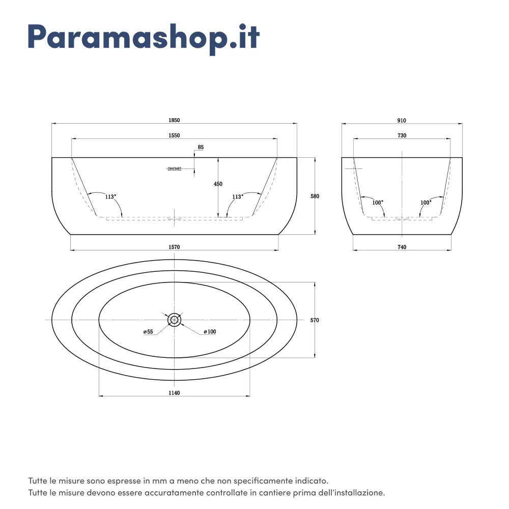 Vasca da bagno freestanding 185cm in acrilico bianco lucido | Toyo