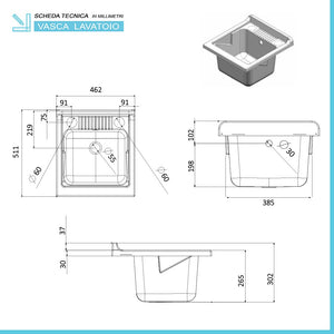 Vasca lavatoio 45x50 cm in resina bianca per interni ed esterni