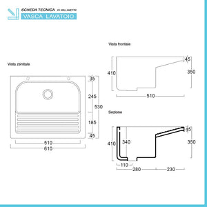 Vasca lavatoio 60x50 cm in ceramica lucida con strofinatoio integrato