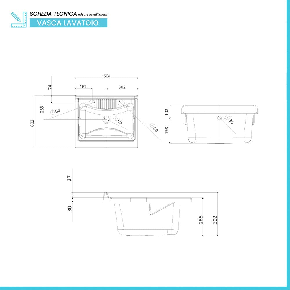 Vasca lavatoio 60x60 cm in resina bianca con pre fori per rubinetto