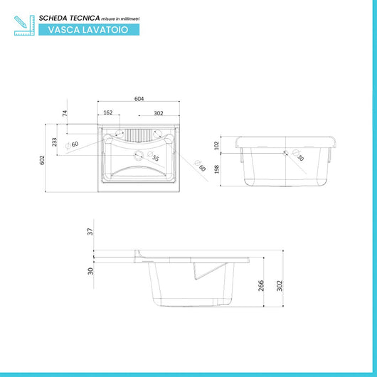 Vasca lavatoio 60x60 cm in resina bianca con pre fori per rubinetto