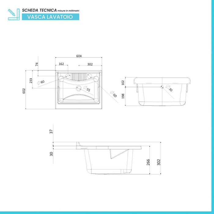 Vasca lavatoio 60x60 cm in resina bianca con pre fori per rubinetto