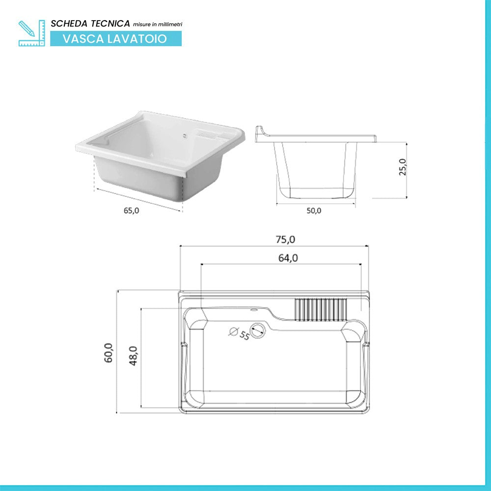 Vasca lavatoio 75x60 cm in resina bianca da installare da incasso